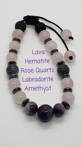 Aromatheraphy Gemstone Acupressure Bracelet  Rose Quarts, Amethyst, Labradorite, Hematite w/Lava